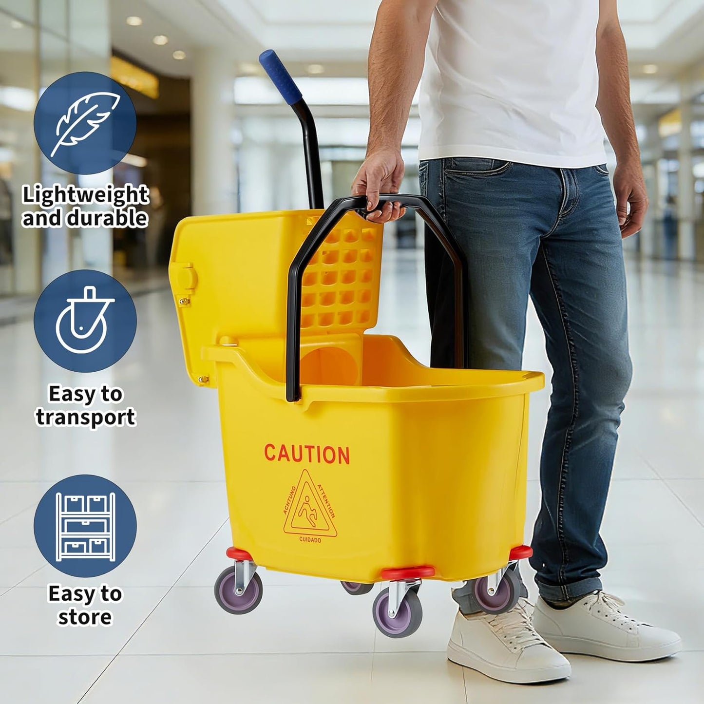 Commercial Mop Bucket with Side Press Wringer on Wheels, 35 Quart Capacity for Floor Cleaning, Kitchens, Restaurants, and Janitorial Use, Yellow