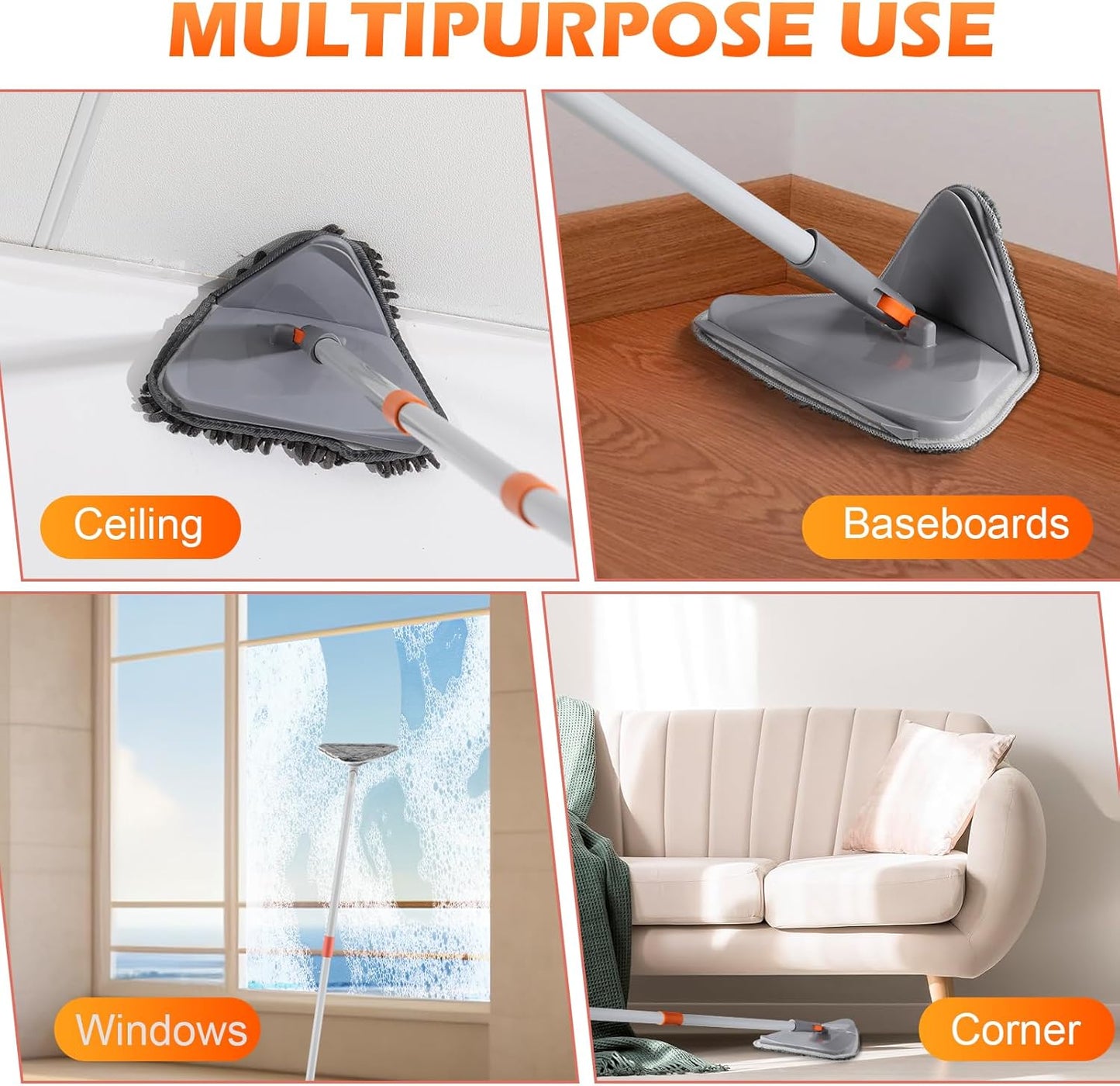 Wall Cleaner Triangle Mop with 82'' Long Handle - Wall Scrubber, Cleaning Washer Tool with 4 Microfiber Chenille Duster Pads for Clean Walls, Ceiling, Windows, Baseboards, Floors (Green, 4 Pads)