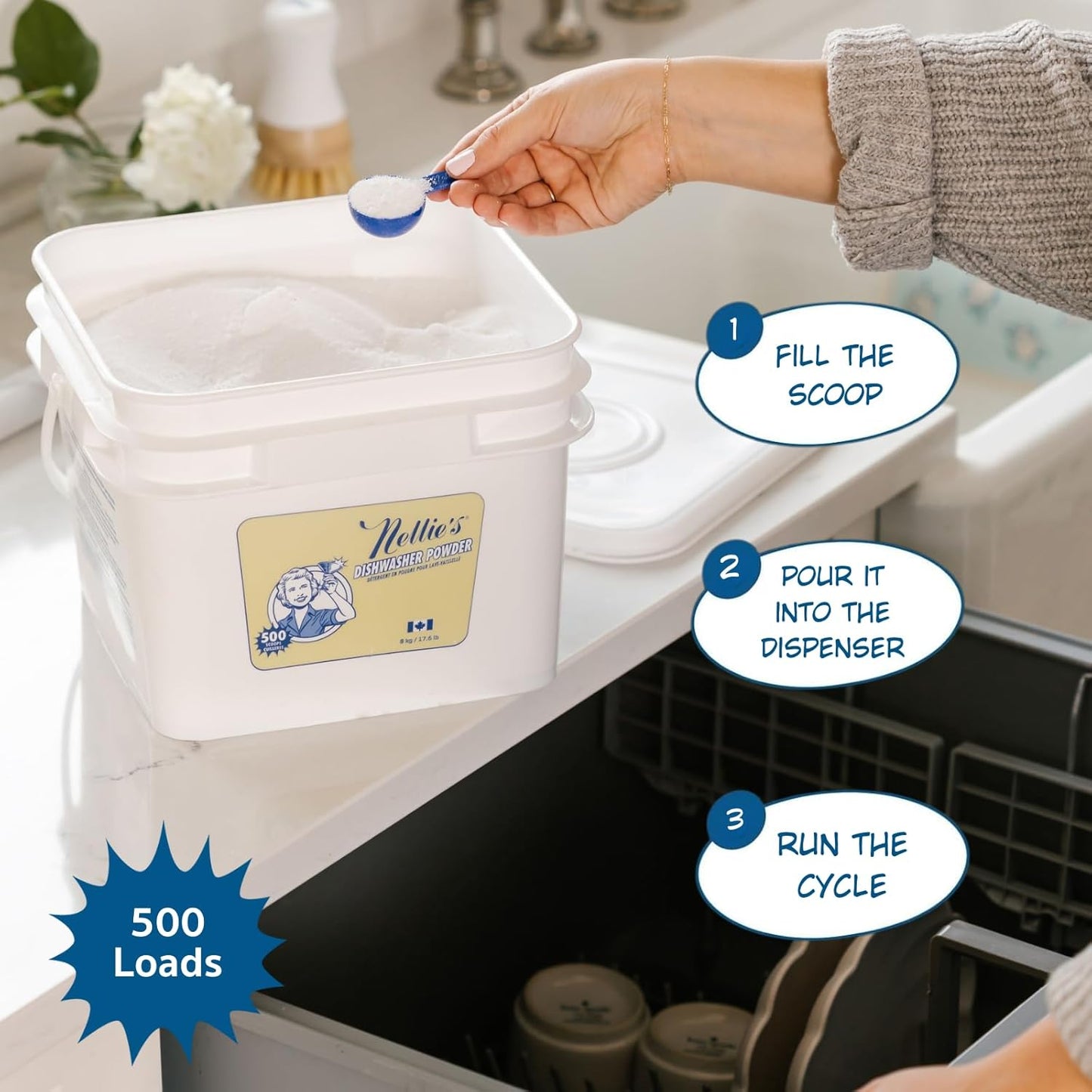 Nellie's Dishwasher Powder - 50 Load - Plant-Based Dishwasher Detergent - Septic Safe, Fragrance-Free - Easily Penetrates Grease & Food Particles - Phosphate-Free - (Made in Canada)