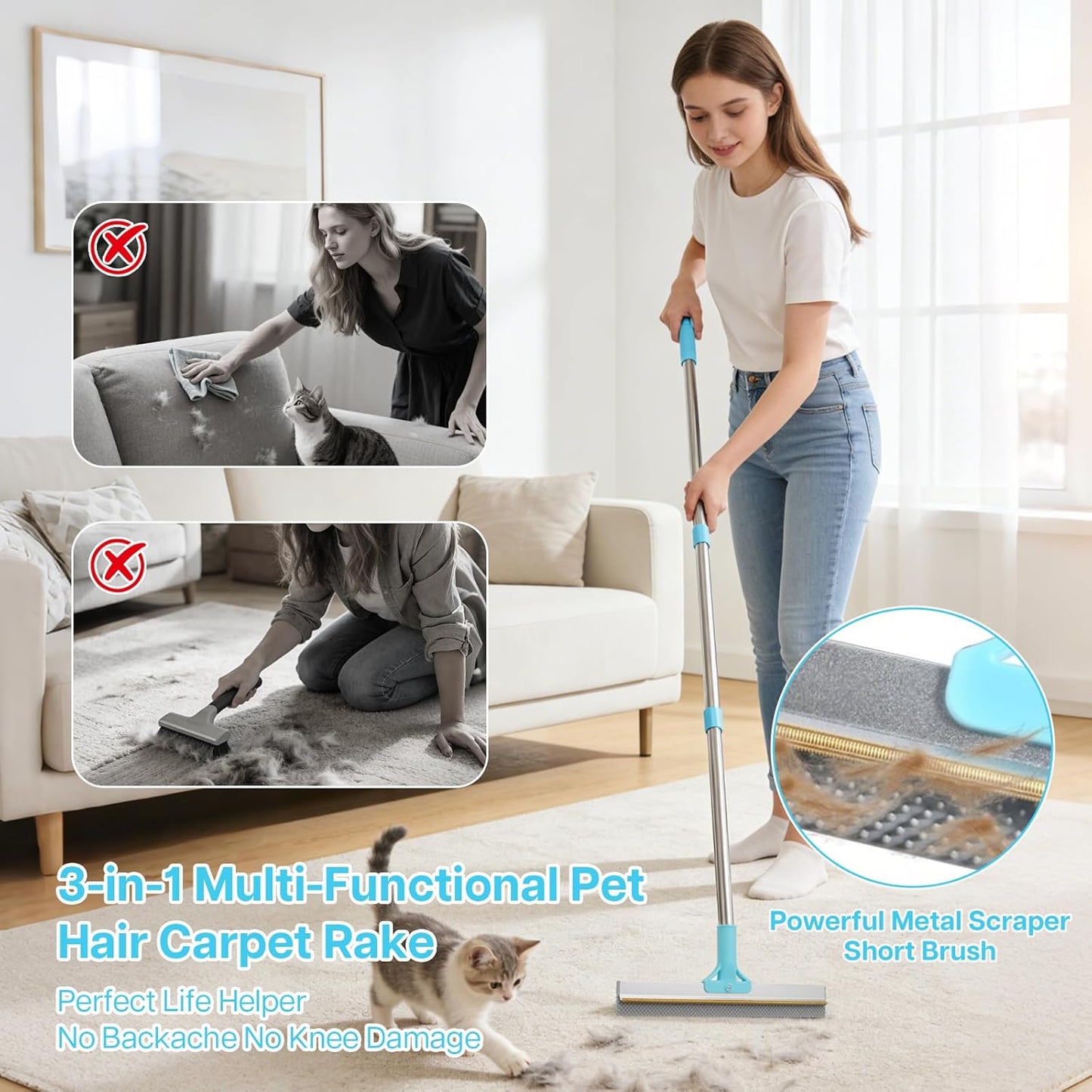 3 PCS Carpet Rake for Pet Hair Removal, Reusable Pet Hair Carpet Rake with 54” Adjustable Long Handle, Pet Hair Remover Scraper Rake Carpet,Dog Hair Broom for Rugs,Mats,Couch and Furniture.