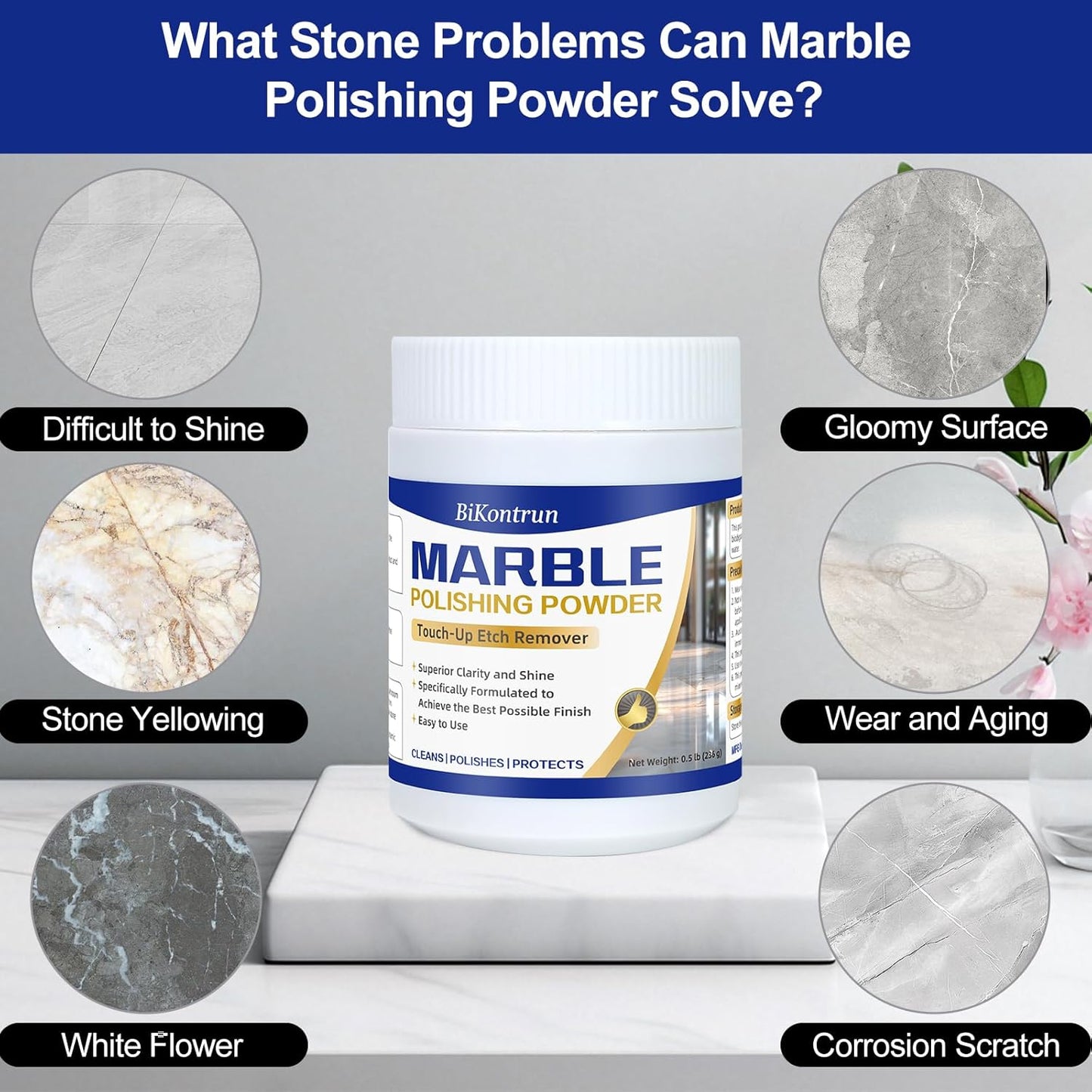 Marble Polishing Powder, Professional Touch-Up Etch Remover, Restore Shine Remove Water Stains Scratches Rings Etches for Marble Stone Granite Quartz Tile Floor Countertop Surfaces Polishing Care