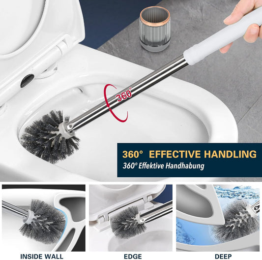 Toilet Bowl Brush and Holder 2 Pack Long Handle Toilet Brush for Bathroom with Separate Base for Floor and Wall Mounted Plastic Toilet Brush Set Under The Rim Household Cleaning (White)