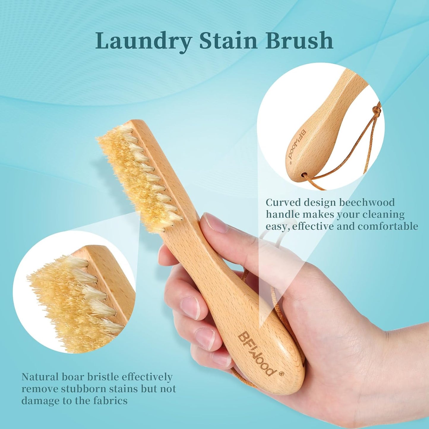 BFWood Laundry Stain Brush, Natural Soft Boar Bristles, Removes Tough Stains from Delicate Fabrics Like Knits, Cotton, and Linens, Gentle on Fabrics, No Damage