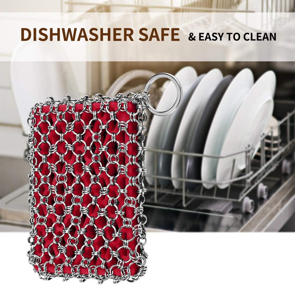 Herda Chain Mail Cast Iron Cleaner Scrubber,316 Chainmail Pan Scrubber Metal Cleaning Brush, Pad, Sponge Scraper to Clean Skillet,Dutch Oven, Wok,Grill Griddle,Chain Link Scrub Brush Pot Care Kit