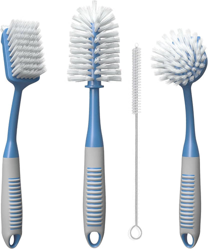Dish Brush Set of 5 with Holder - Kitchen Scrub Brushes with Non-Slip Long Handle for Cleaning, Scrubber, Dishwashing, Dishes, Bottles, Straws, Cups, Pots & Sink, Black