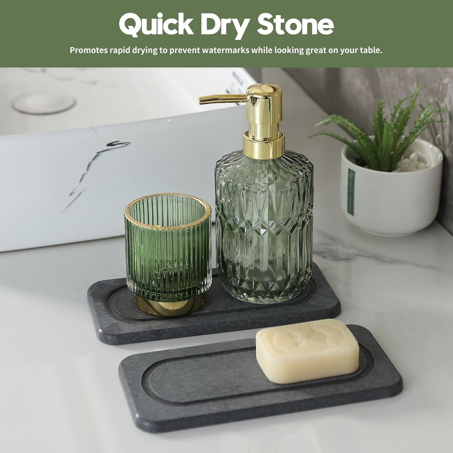 Fast Water Absorption Sink Organizer Tray Set, 3-Pack Compact and Space-Saving Stone Soap Holder Caddy for Kitchen & Bathroom Counter, Faucet Splash Guard, White (1pc of 8"x3.8" + 2pcs of 3.8"x3.8")
