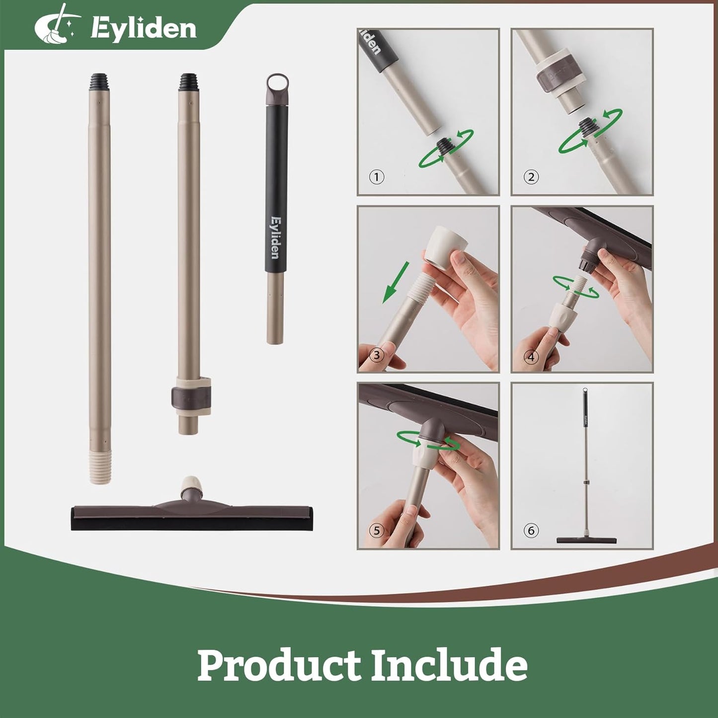 Eyliden Floor Squeegee for Water Removal, 17" EVA Dual-Layer Blade Dries Floors in One Pass, Long Handle, Scratch-Free Water Sweeper for Kitchen, Bathroom, Tile & Hardwood Floors