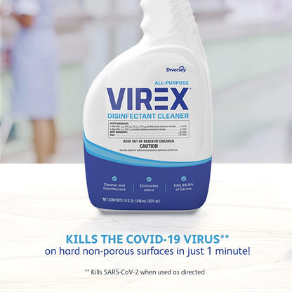 VIREX Diversey CBD540540 All Purpose Disinfectant Cleaner, For Home & Commercial Use, Kills 99.9% of Germs, Multi-Surface, Lemon Scent, Capped Ready-to-Use Spray, 32-Ounce