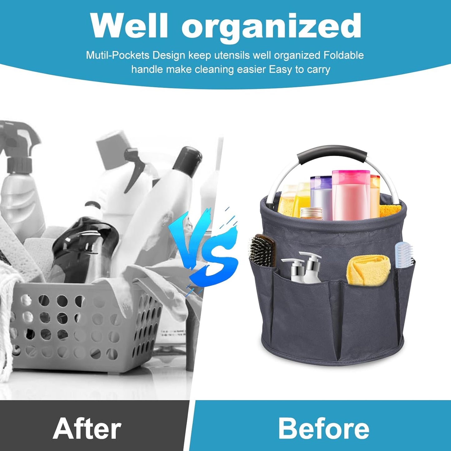 Qivine 17L Cleaning Caddy with Handle, Cleaning Supply Caddy Foldable Tool Bag Cleaning Products Organizers Portable Cleaning Bucket Organiser for Storing Towels(Blue)