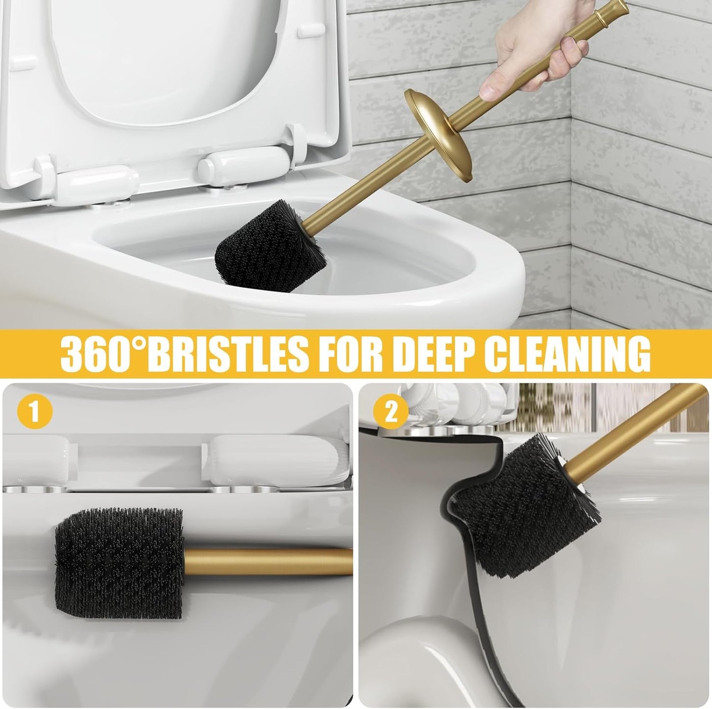 BESy Toilet Brush and Holder, Toilet Cleaner Bowl Set with Two Brush with Extra Long Handle, Durable Bristles Toilet Scrubber and Covered Holder, Drip-Proof Stainless Steel Oil Rubbed Bronze