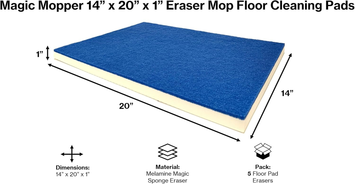 Eraser Mop Floor Cleaning Pads – 14″ x 20″ (5 Pack) | Commercial-Grade Melamine Sponge Mop Pads for Floors, Tile & Grout | Durable, Versatile for Deep Cleaning
