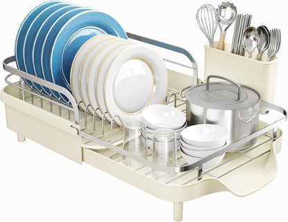 SNTD Dish Drying Rack, Expandable Dish Rack for Kitchen Counter, Stainless Steel Dish Drainer with Drainboard Set and Utensil Holder (Black)