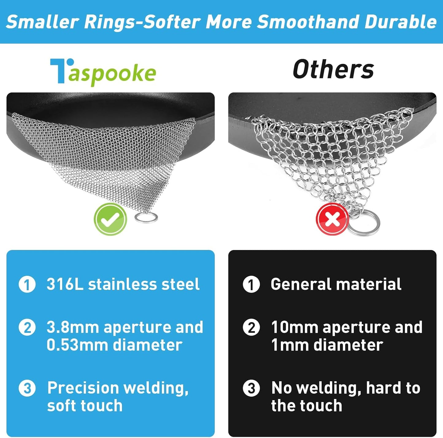 Cast Iron Cleaner and Chainmail Skillet Scrubber - 4''x4'' Upgraded 3.8mm Small Ring, 316L Stainless Steel Fine Rings - Durable Scraper for Skillets, Pans, Griddles & Containers