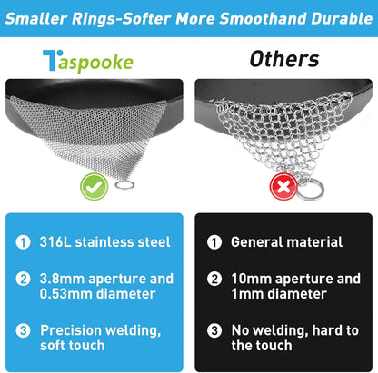 Cast Iron Cleaner and Chainmail Skillet Scrubber - 4''x4'' Upgraded 3.8mm Small Ring, 316L Stainless Steel Fine Rings - Durable Scraper for Skillets, Pans, Griddles & Containers