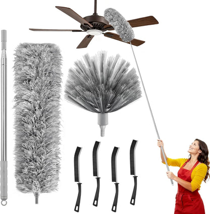 100-inch Duster with Extension Pole, 9-in-1 Cobweb Duster Kit Includes Spider Web Brush & Flat Gap Cleaner for High Ceiling, Fan, Under Appliances, Car, Home Deep Cleaning