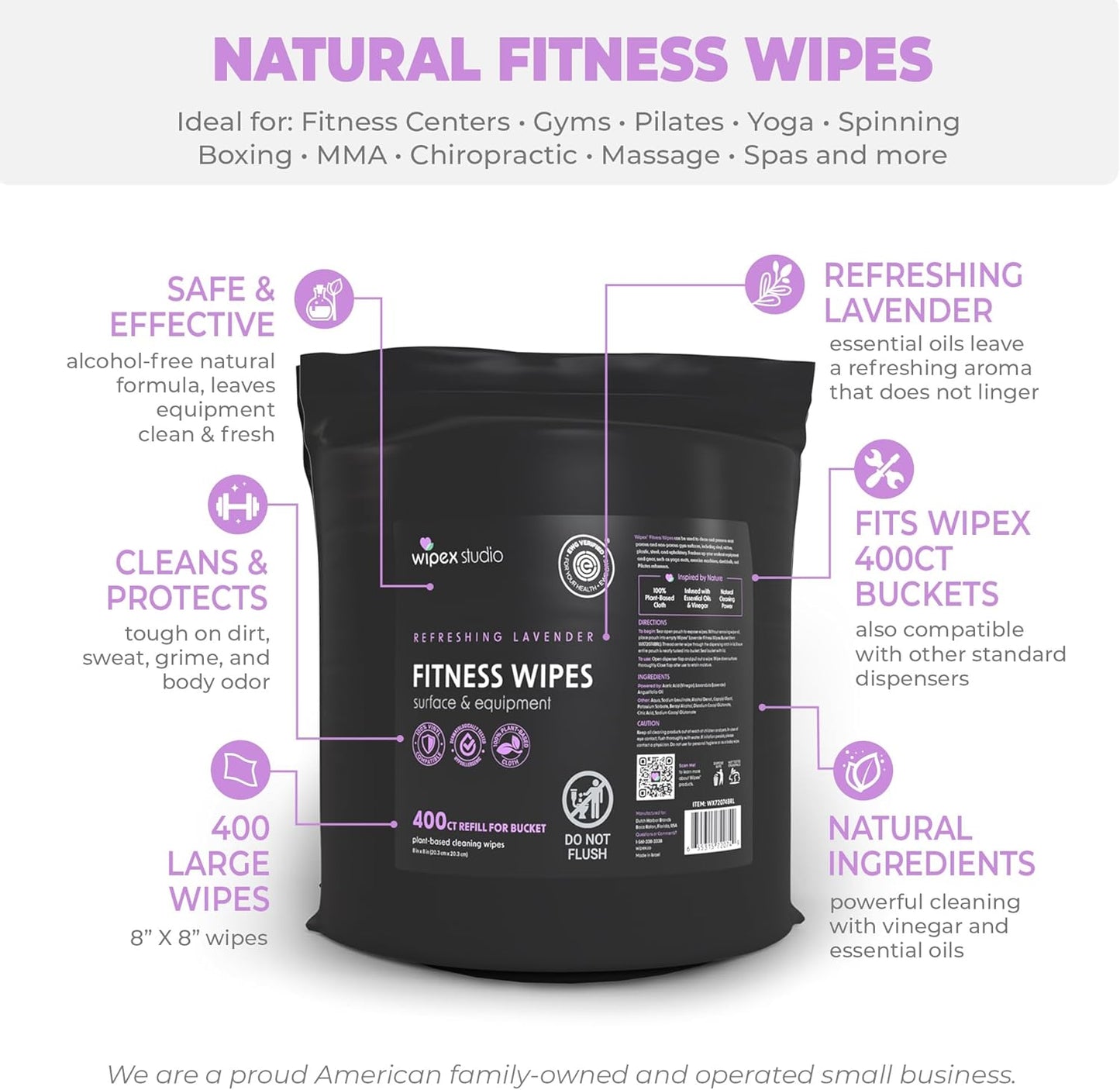 Wipex Gym Wipes Bucket Refill – EWG Verified, 400 Ct Plant-based Fitness Equipment Wipes, Lavender and Vinegar to Clean Surfaces, Safe Yoga Mat Cleaner, Gym Cleaner and Peloton