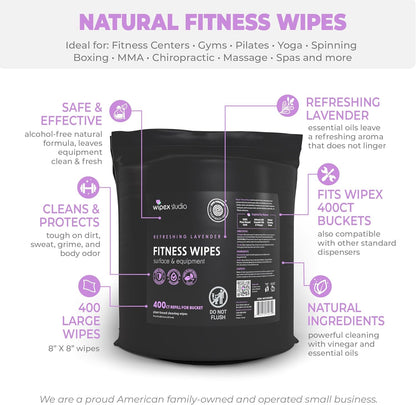 Wipex Gym Wipes Bucket Refill – EWG Verified, 400 Ct Plant-based Fitness Equipment Wipes, Lavender and Vinegar to Clean Surfaces, Safe Yoga Mat Cleaner, Gym Cleaner and Peloton