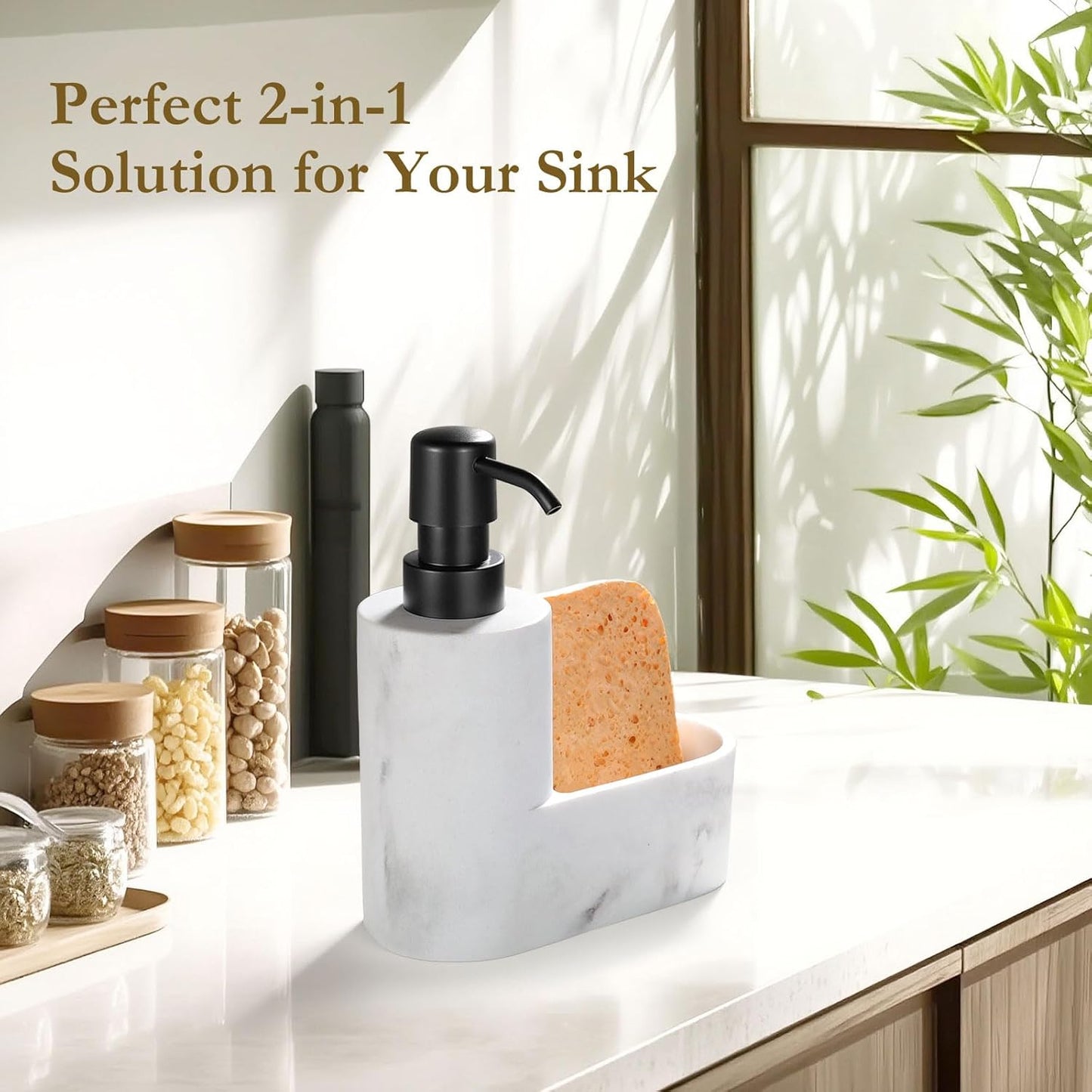 Shinowa Dish Soap Dispenser with Sponge Holder, Refillable Kitchen Dish Soap Dispenser Pump, 2-in-1 Countertop Soap Pump Dispenser for Kitchen Sink and Bathroom, Gravel Black
