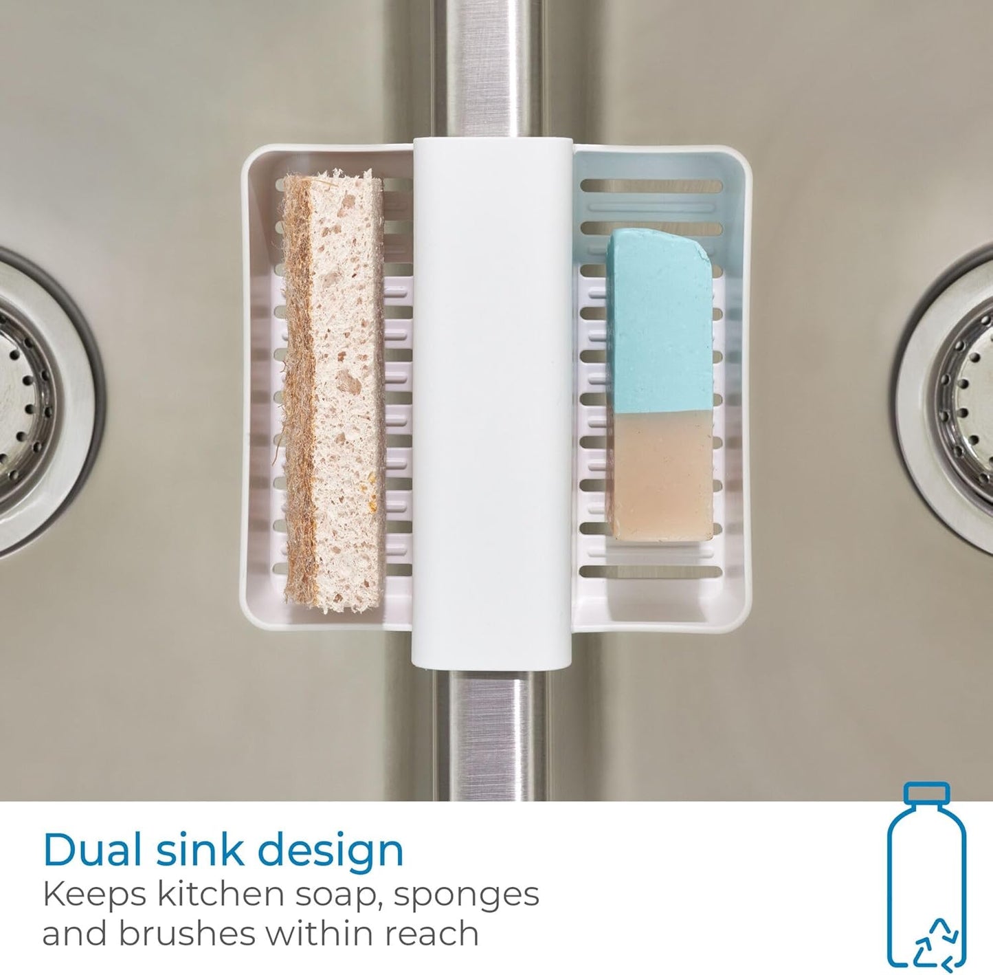 iDesign Recycled Plastic Double Suction Sink Caddy, White