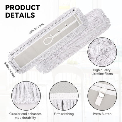 36 Inch Dust Mop Head: Replacement Medium Washable Commercial Mop Head Sweeper and Janitorial Replacement with Botton (White - 36 Inch, 3 Pack, Botton)