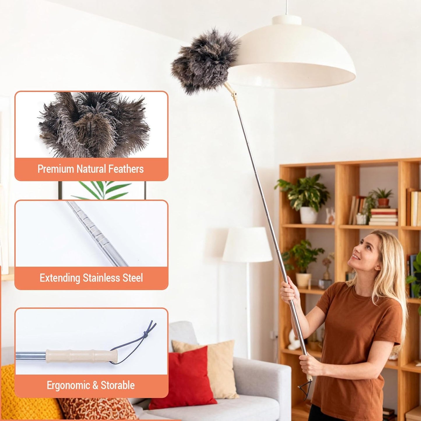 Extendable Ostrich Feather Duster, Natural Ostrich Feathers Long Handle Duster for Cleaning, 47” Soft & Fluffy Feather Duster for High Ceilings, Fans, Walls, Furniture, Home Dusting