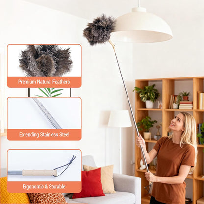 Extendable Ostrich Feather Duster, Natural Ostrich Feathers Long Handle Duster for Cleaning, 47” Soft & Fluffy Feather Duster for High Ceilings, Fans, Walls, Furniture, Home Dusting