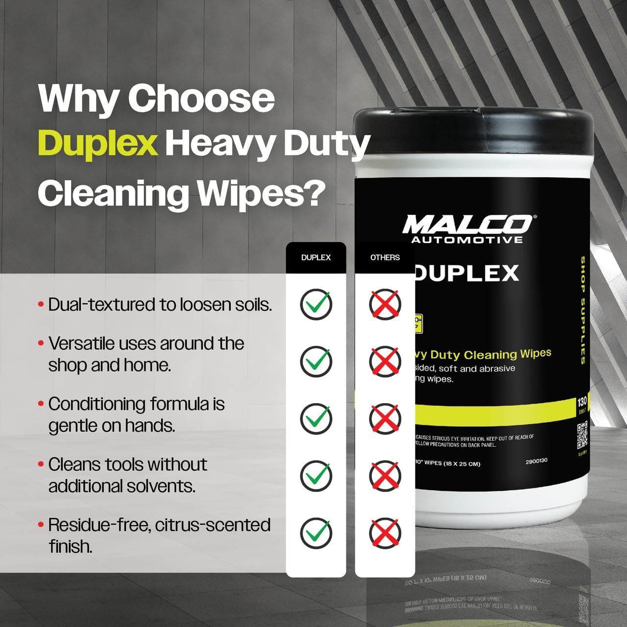 Malco Duplex Heavy Duty Cleaning Wipes for Home and Auto - Dual Sided Textured, Wet Wipe/Removes Grease, Tar, Paint, Oil, Dirt/No Residue/Safe for Hands/Made in USA (130 Wipes)