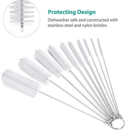 CiaraQ Bottle Cleaning Brushes, 8 Inch Nylon Tube Brush Set, Cleaner for Narrow Neck Bottles Cups with Hook, Set of 10pcs