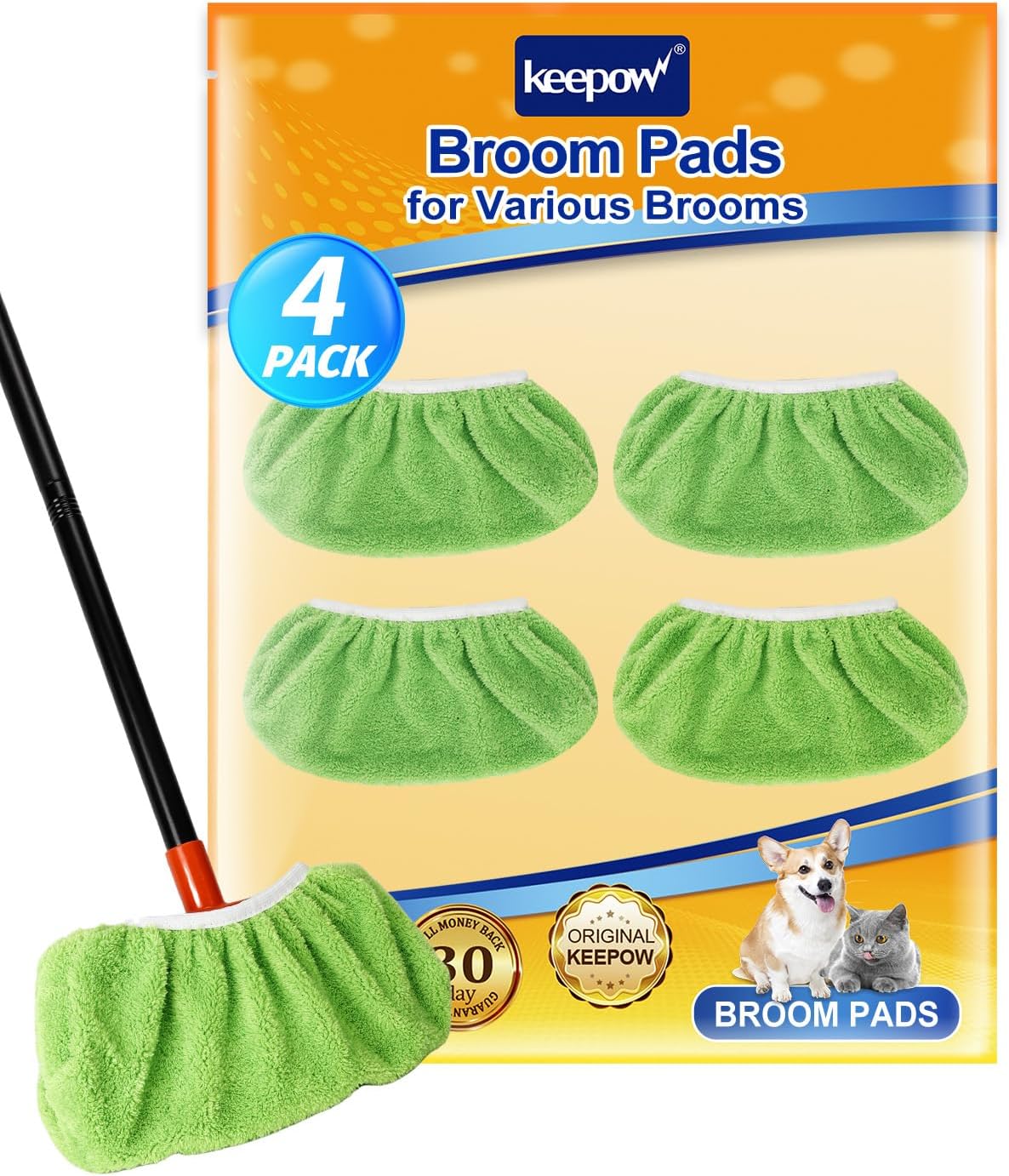 KEEPOW 4 Pack Washable Chenille Broom Pads, Baseboard Cleaner Cloth Covers for Daily Dusting, Reusable Broom Covers Compatible with Standard Brooms Under 11×5.9 in for Floors & Walls (Blue & Green