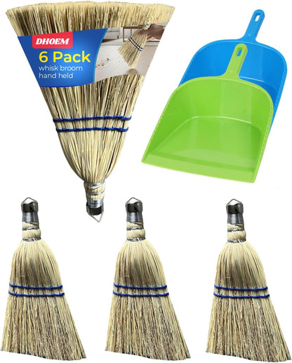 6Pack 12 Inch Handheld Broom Set, Heavy Duty Mini Corn Broom with Metal Hanging Hook, Natural Straw Whisk Broom for Quick Sweeping of Debris, Dust, Dirt in Car, Porch, Outdoor, Camping, Driveway
