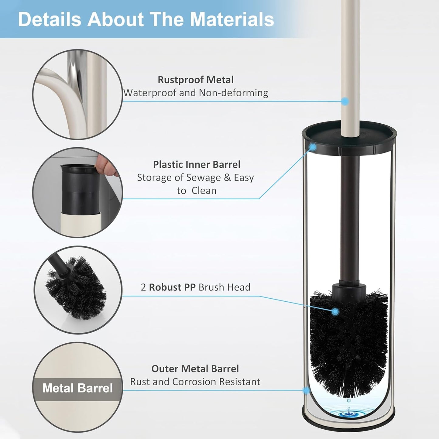 BGL Stainless Steel Toilet Brush with Holder, 2 Black Bristle Heads