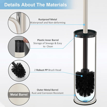 BGL Stainless Steel Toilet Brush with Holder, 2 Black Bristle Heads