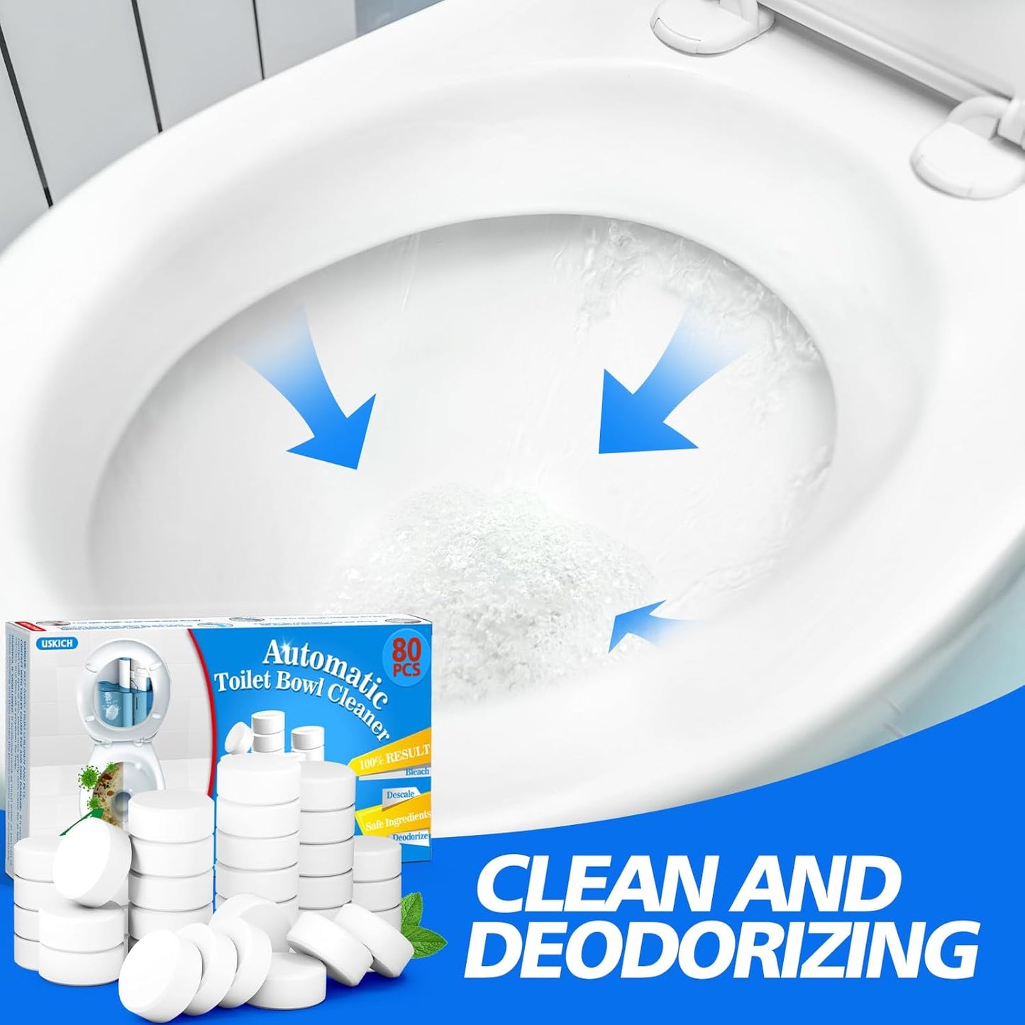 USKICH 20 Pack Toilet Bowl Cleaner Tablets,Blue Automatic Toilet Tank Cleaners, Long-Lasting Household Toilet Cleaners,Toilet flush Cleaning & Deodorizer