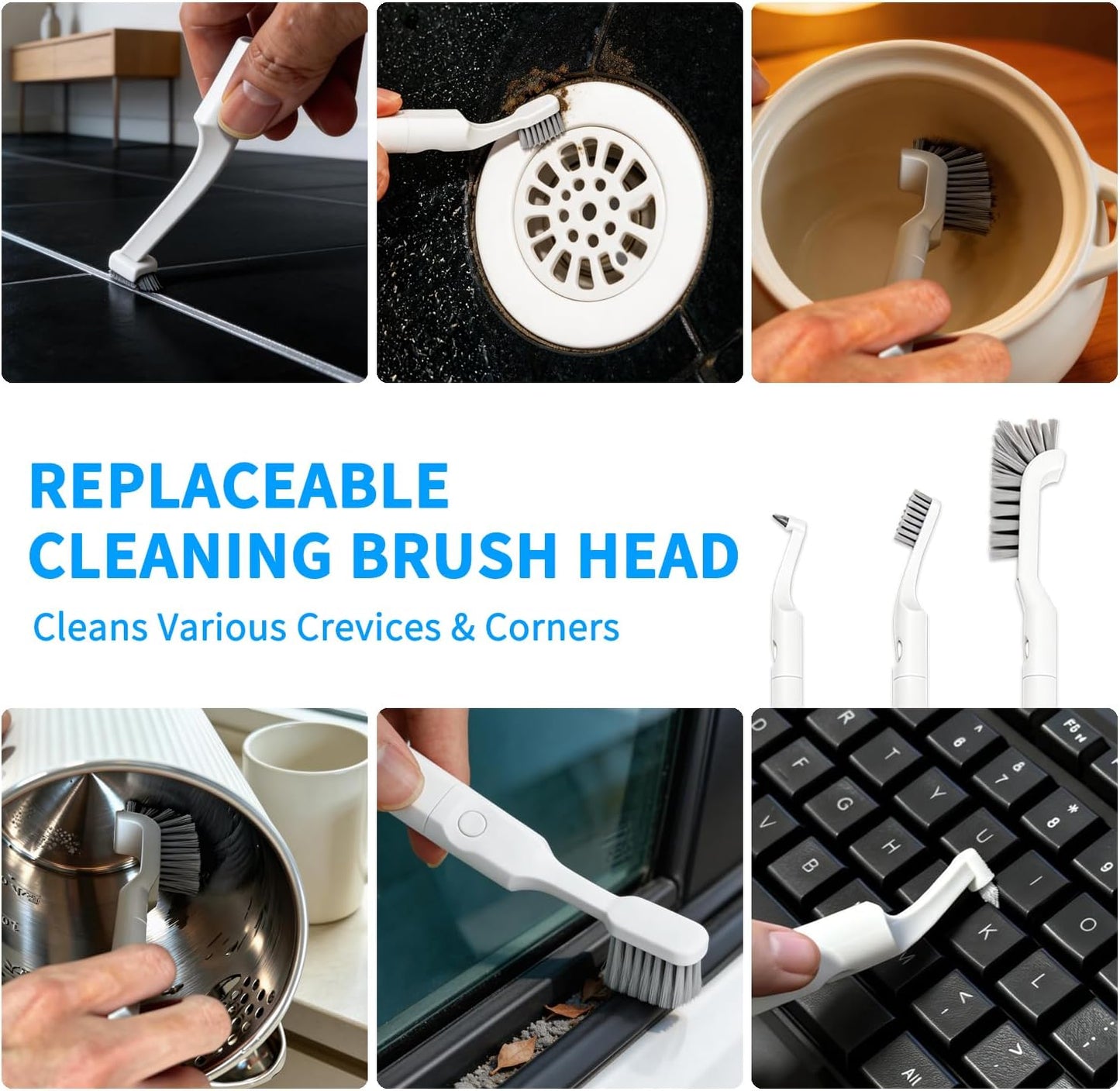 Hard Bristle Crevice Cleaning Brush Set with 4Pcs Brush Heads & 2Pcs Handles, Multifunctional Grout Brush Tools for Kitchen, Bathroom, Sink, Corner, Mug, Blender, and Hard-to-Reach Areas