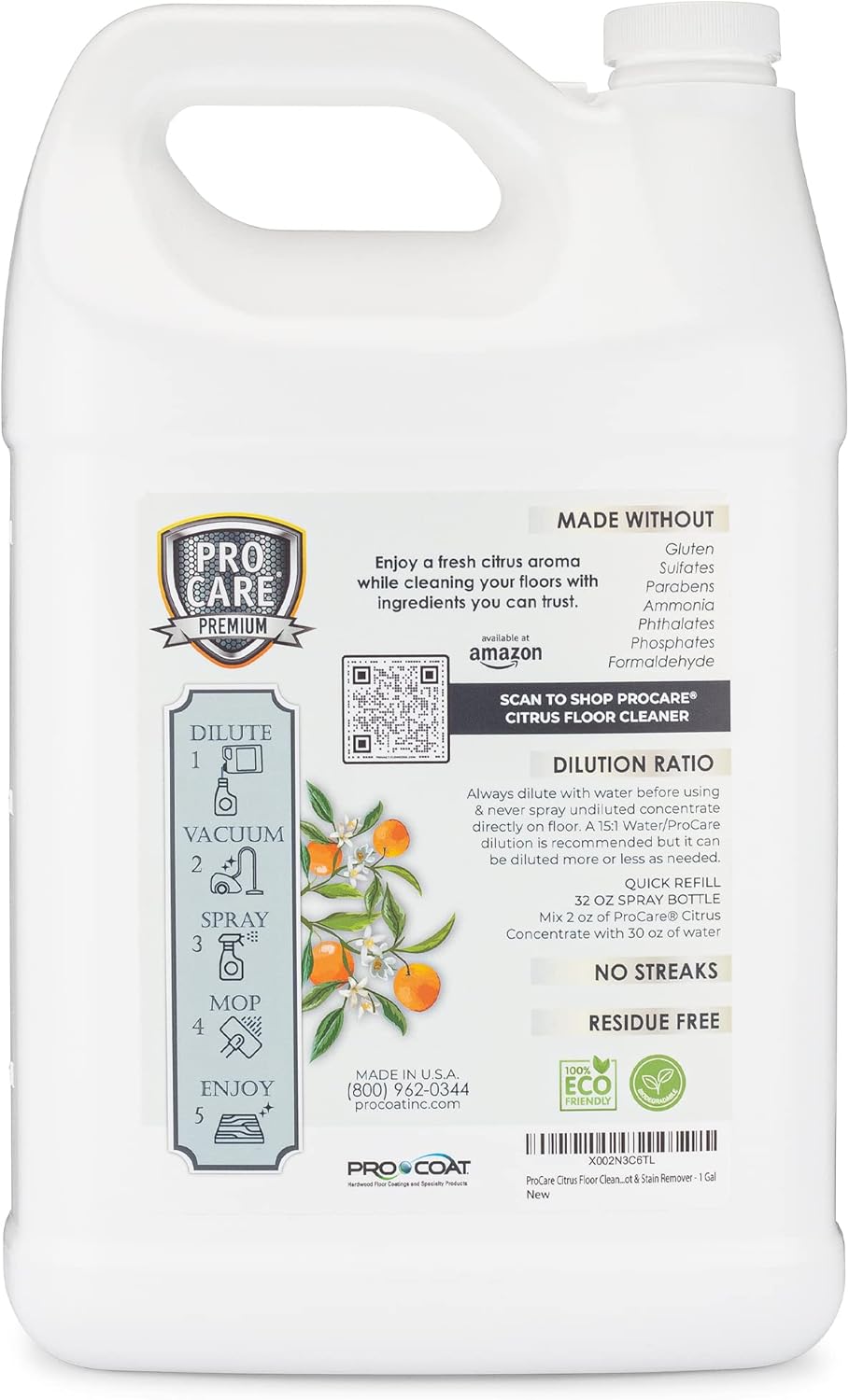 ProCare Floor Cleaner (Made in USA) | Tile, Stone, Laminate, Vinyl & Natural Wood Floor Cleaner for Mopping, Household Supplies, Cleaning Solution with Citrus Aroma - 1 Gal (128 Fl Oz)