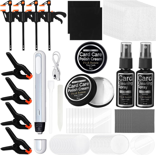 Grinsvalley 213 Pcs Card Cleaning Kit Sports Trade Card Flattening Tool Kit, Cleaning Spray, Polishing Paste, Microfiber Cloth, Acrylic Sheets, Plastic Clamps, Thermal Pen, PC Sheets