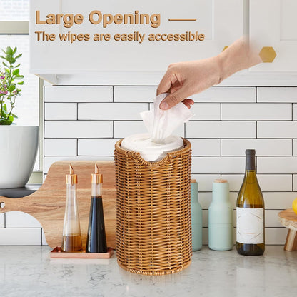 Kokone Woven Wipes Dispenser Compatible for Clorox Lysol, Farmhouse Wipes Canister Holder Cleaning Wipe Dispenser Container, Decorative Rattan Wipes Dispenser Keeper for Kitchen Bathroom Office
