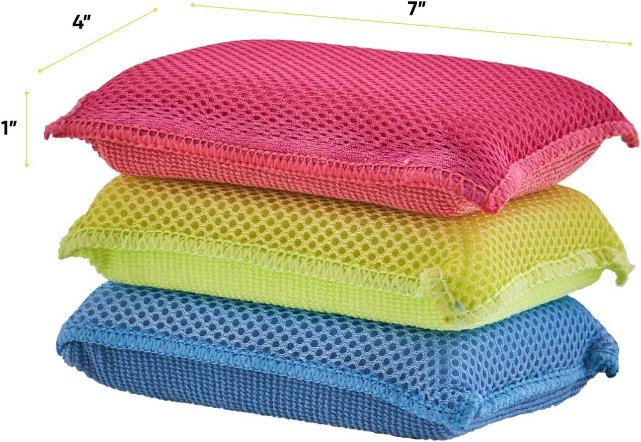 Superio Miracle Microfiber Sponges for Kitchen 3-Pack Red Yellow Blue, Kosher Non-Scratch Sponge Scrubber Heavy Duty Multi-Purpose Cleaning of Dishes, Pots, Pans and Counter tops, Machine Washable