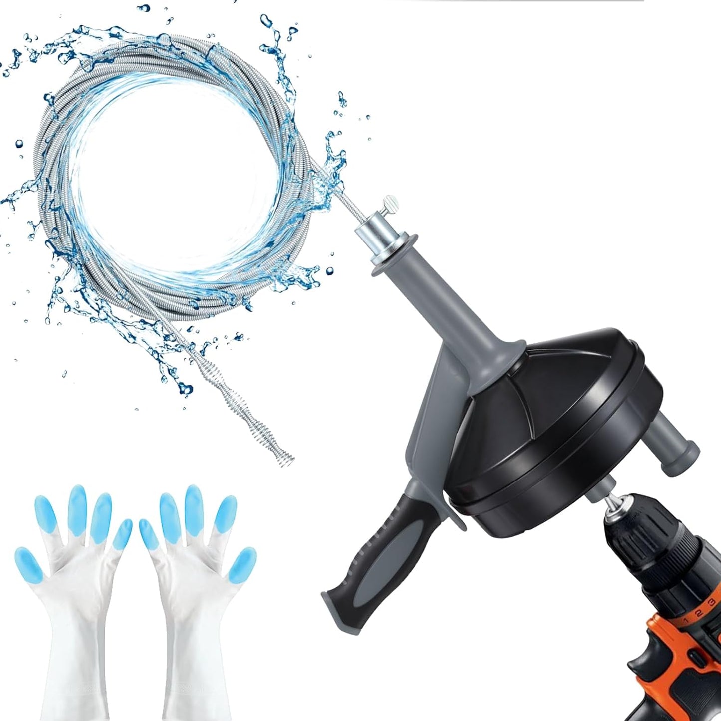 Drain Auger, Clog Remover with Drill Adapter, 25 Feet Flexible Plumbing Snake Use Manually or Powered for Kitchen, Bathroom and Shower Sink, Comes with Gloves (orange)