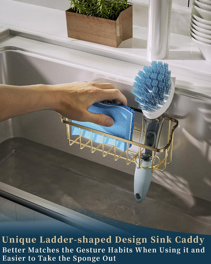Consumest Sponge Holder Sink Caddy - Ladder Shaped Sponge Holder for Kitchen Sink with 2 Installation Ways (Suction Cups & Adhesive Hook), Rustproof Stainless Steel Kitchen Organizer, Silver