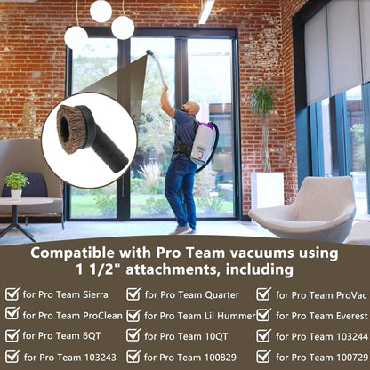 1.5" Vacuum Dust Brush Attachment Compatible with Pro Team Backpack Vacuum - 3" Round Dusting Brush with 1 1/2" Reducer Compatible with Vac Cleaner Parts # 100110; Soft Horse Hair for Better Cleaning