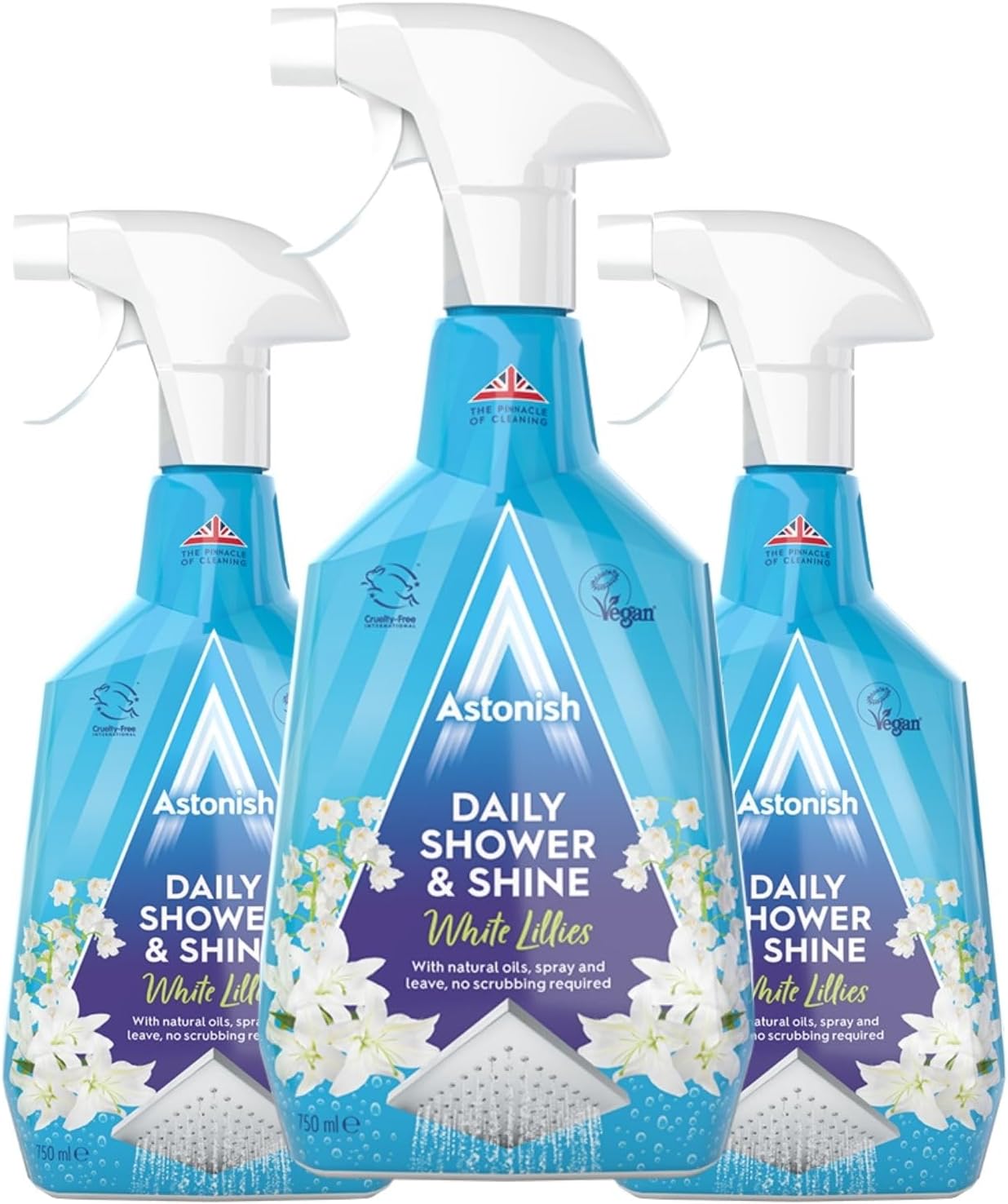 Astonish Daily Shower Shine White Lilies Cleaning Spray - No Scrub After Shower Spray Foam Prevents Watermarks & Limescale Buildup - Vegan Cruelty-Free Household Cleaning Products, 750ml Spray Bottle