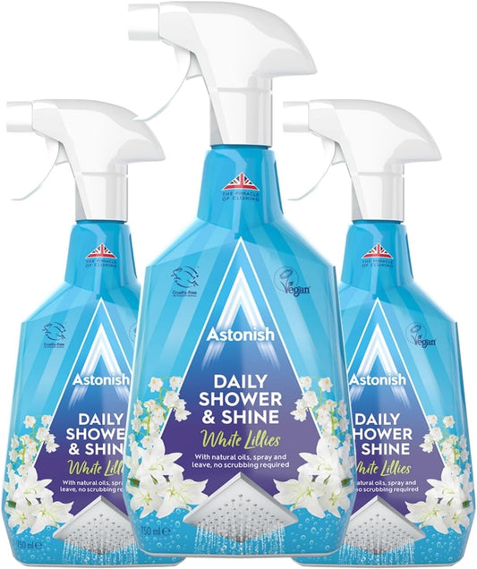 Astonish Daily Shower Shine White Lilies Cleaning Spray - No Scrub After Shower Spray Foam Prevents Watermarks & Limescale Buildup - Vegan Cruelty-Free Household Cleaning Products, 750ml Spray Bottle