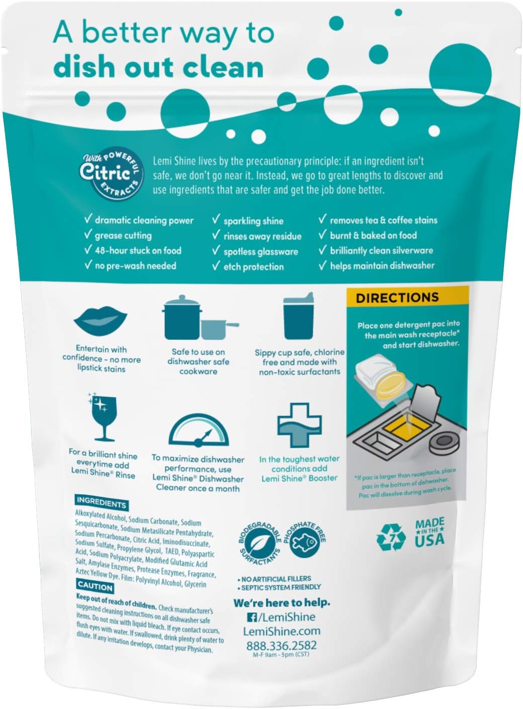 Lemi Shine Natural Dishwasher Pods - All-in-One Powder & Gel Dishwasher Detergent Pods with Powerful Citric Acid Extracts
