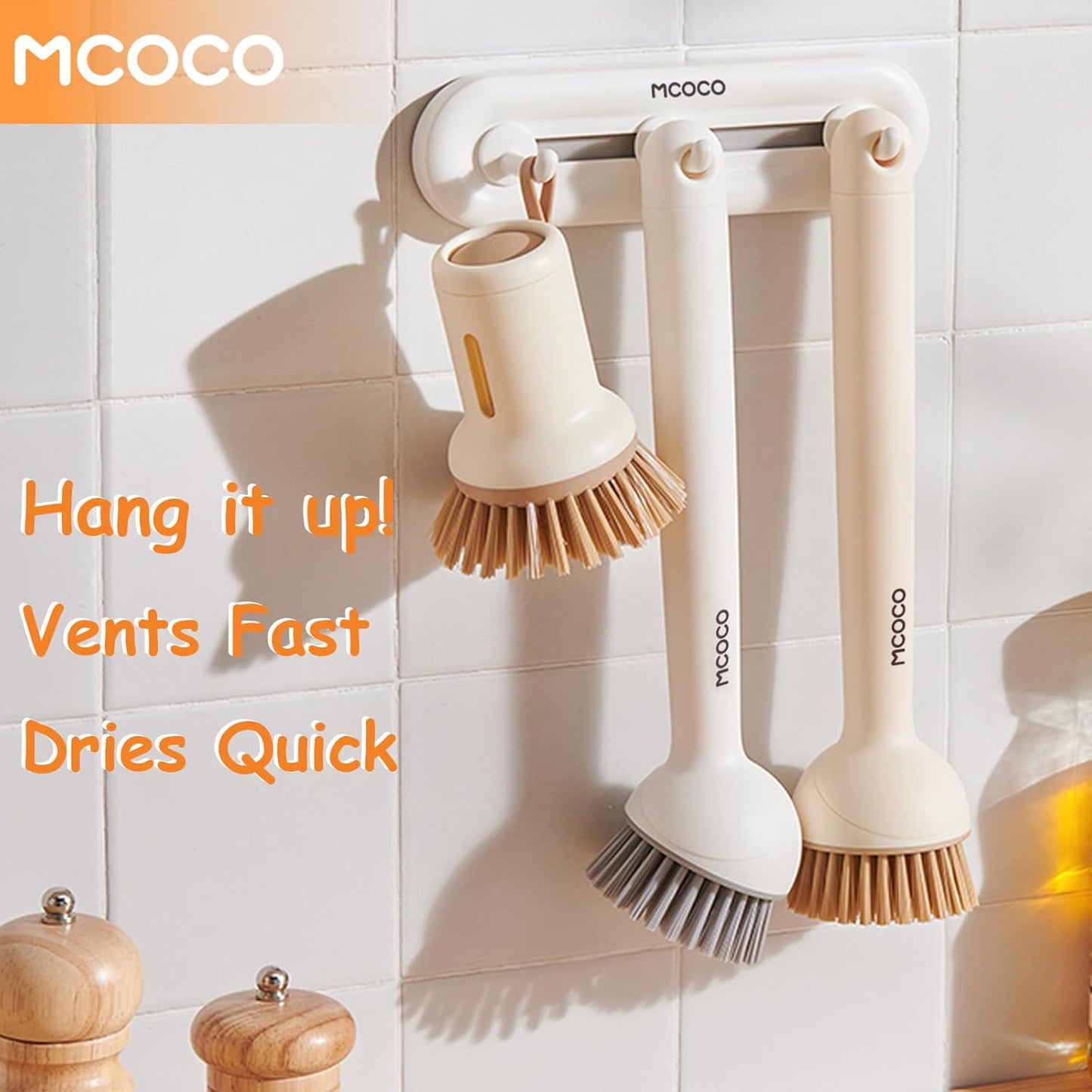 Dish Brush Set with Soap Dispensing Palm Brush Dish Scrub Brush with Soap Dispenser Palm Dish Brush Kitchen Cleaning Brush with Ergonomic Long Handle for Cleaning Sink, Pot, Pan, Stove, Yellow