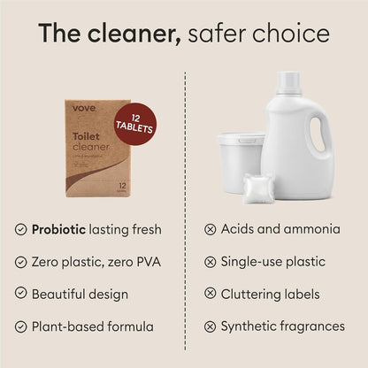 Vove Probiotic Toilet Bowl Cleaner Tablets Starter Set with Tin, 12 Count - Lime Eucalyptus, Citric Acid + Oxygen Bleach, Removes Hard Water & Limescale, Plant-Based, Septic Safe, Plastic-Free