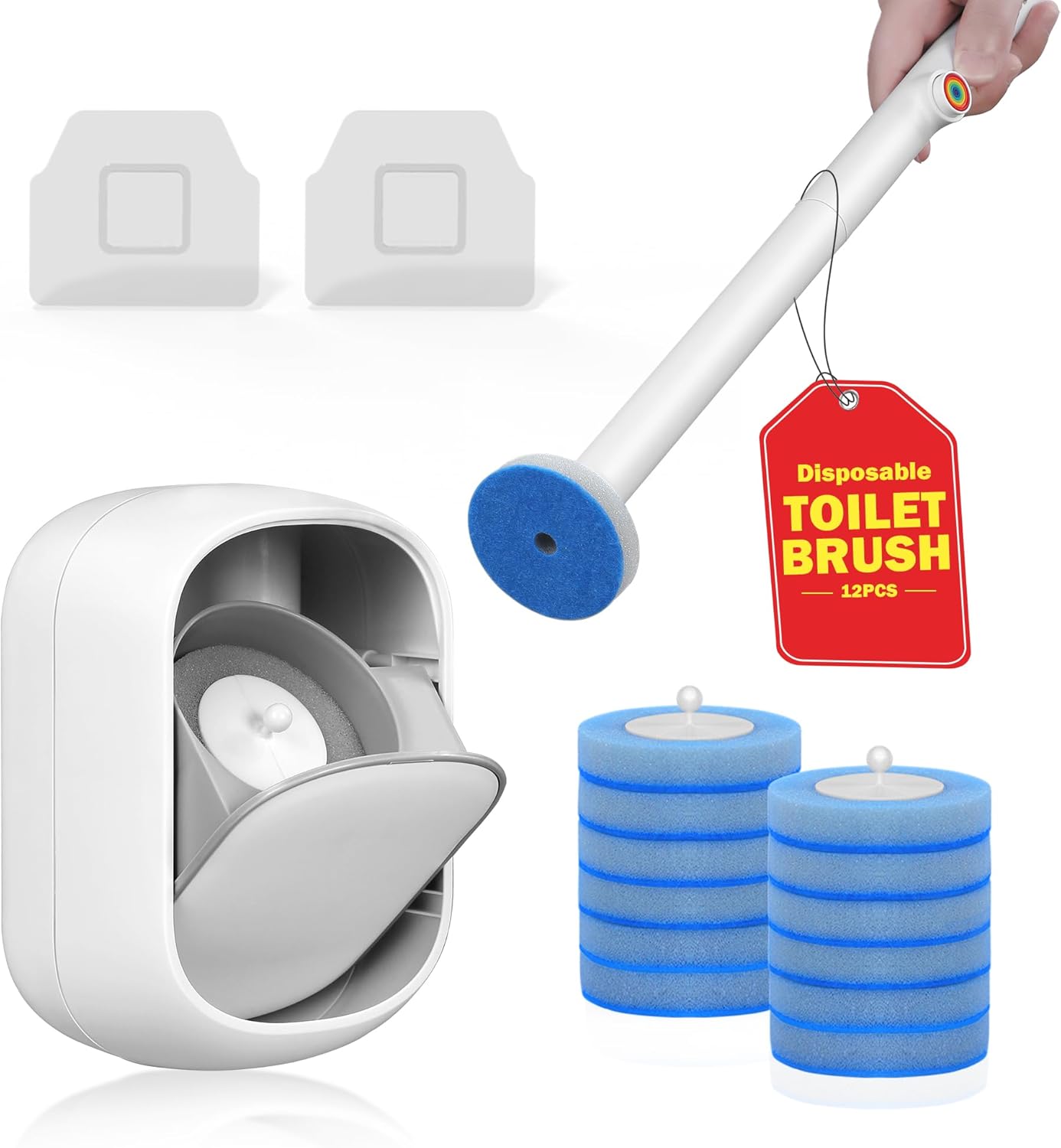 Disposable Toilet Cleaner Wand and Holder Set, Wall Mounted Toilet Bowl Brush Kit with 12 Refill Heads, Hygienic Toilet Cleaning System for Bathroom and RV