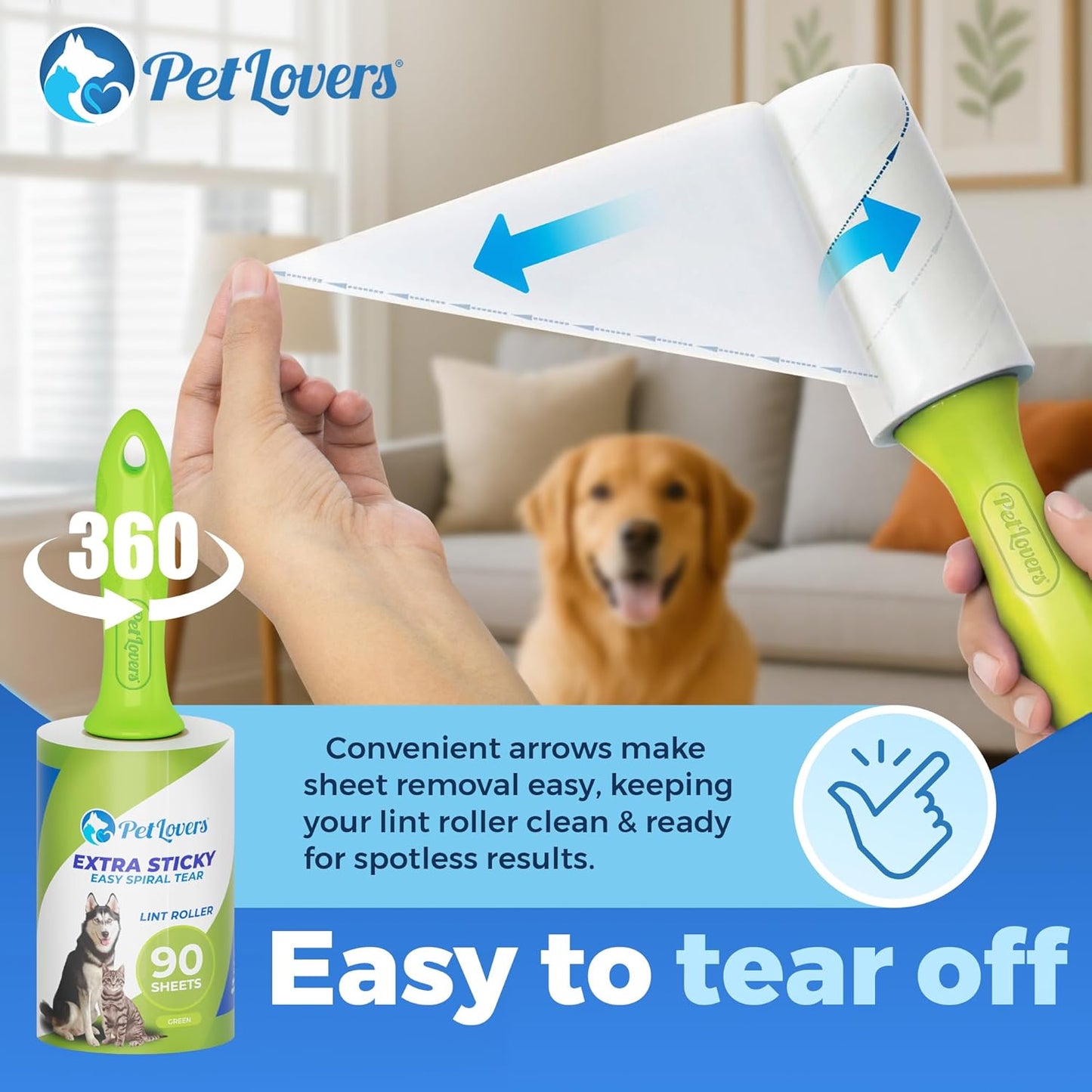 PetLovers Extra Sticky Lint Roller Mega Value Set 450 Sheets for Pet Hair Removal and Clothes, Dog and Cat Lint Remover 5 Pack