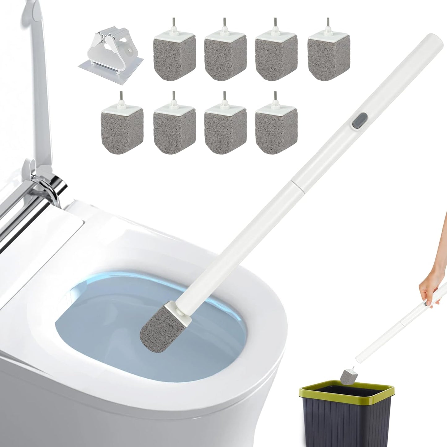 Pumice Stone Toilet Bowl Cleaner with 20" Ultra Long Handle, Push-Button Replaceable Head Hard Water Ring Stain Remover for Bathroom, Bathtub, Pool, Kitchen Sink Cleaning, 3 Pack (gray)