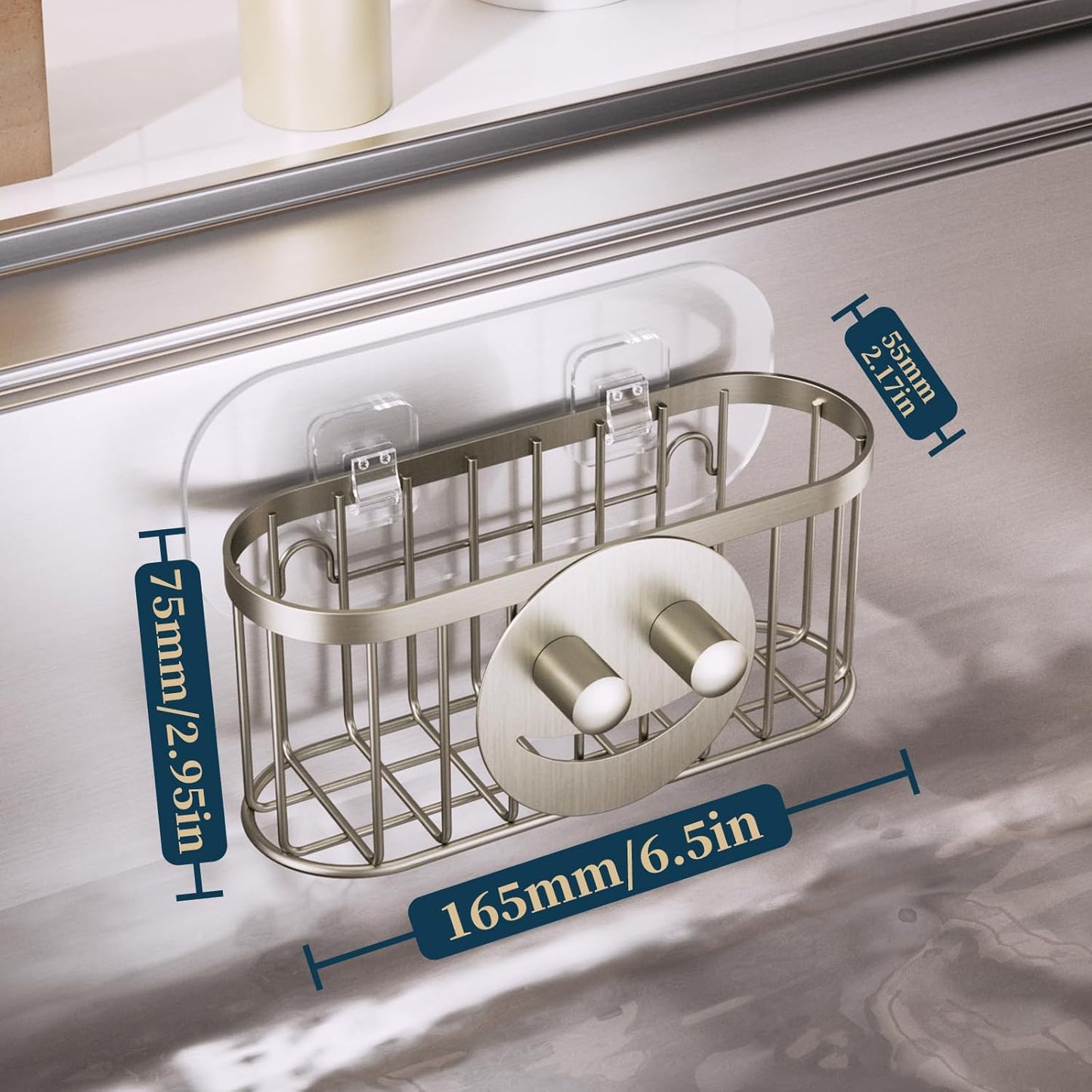 Consumest Sponge Holder Sink Caddy - Ladder Shaped Sponge Holder for Kitchen Sink with 2 Installation Ways (Suction Cups & Adhesive Hook), Rustproof Stainless Steel Kitchen Organizer, Silver